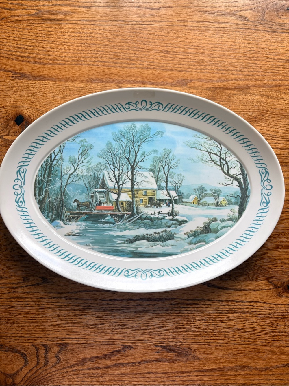 VTG Brookpark 1521 Currier & Ives 21" Melamine Platter Snow Covered Bridge Scene